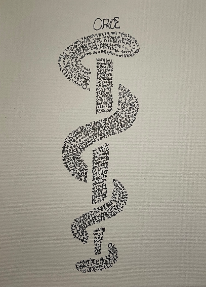 A calligram in ancient Greek of the Hippocratic Oath taking the shape of the Rod of Asclepius, oil on canvas