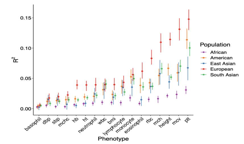 Graph showing polygenic risk score prediction benefit by ancestry