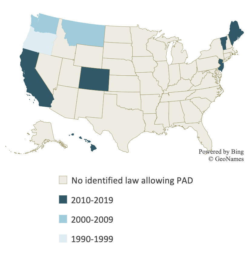 Map showing legalization of Physician Aid in Dying by decade in the United States